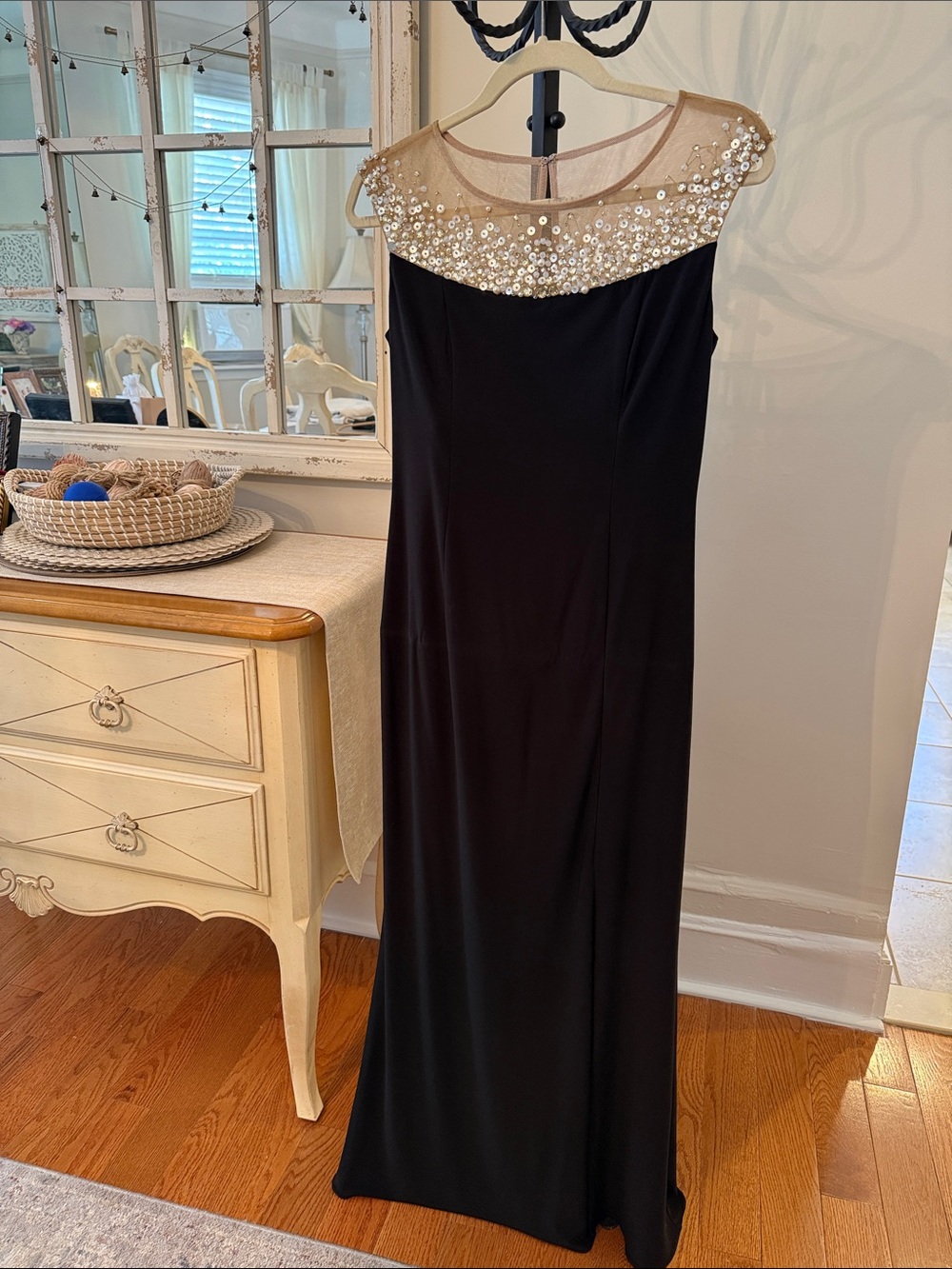 Adrianna Papell Black Maxi Dress with Gold Sequin Yoke